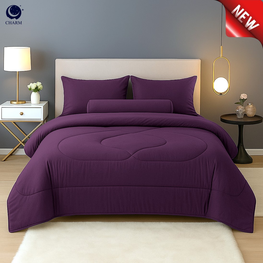 ชุดผ้าปูที่นอน 6 ฟุต 6 ชิ้น CHARM สี ROYAL PURPLE คอลเลคชั่น CLASSIC_1